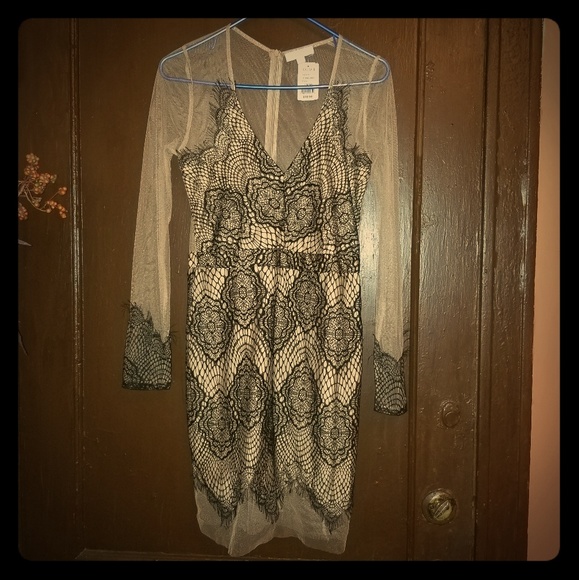 A'GACI black lace cream mesh long sleeve dress new with tags large - Picture 2 of 6